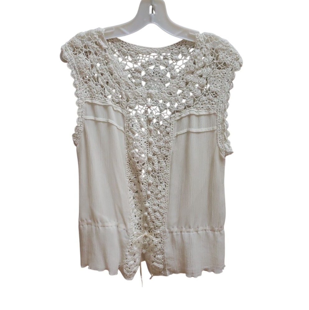 INC International Concepts Blouse Womens Size 14 Ivory Lace Boho Sleeveless Silk